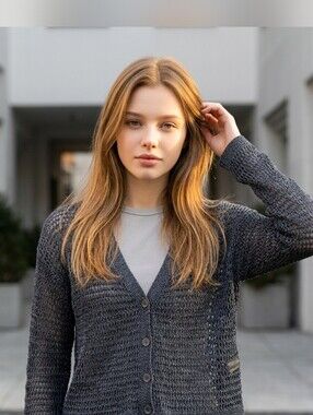 Womens Charcoal Gray Open-Knit Cardigan Sweater